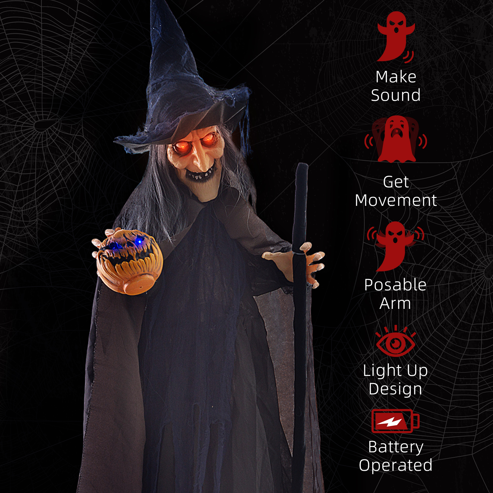 Witch 62, riding a broom, halloween electric doll, eyes
