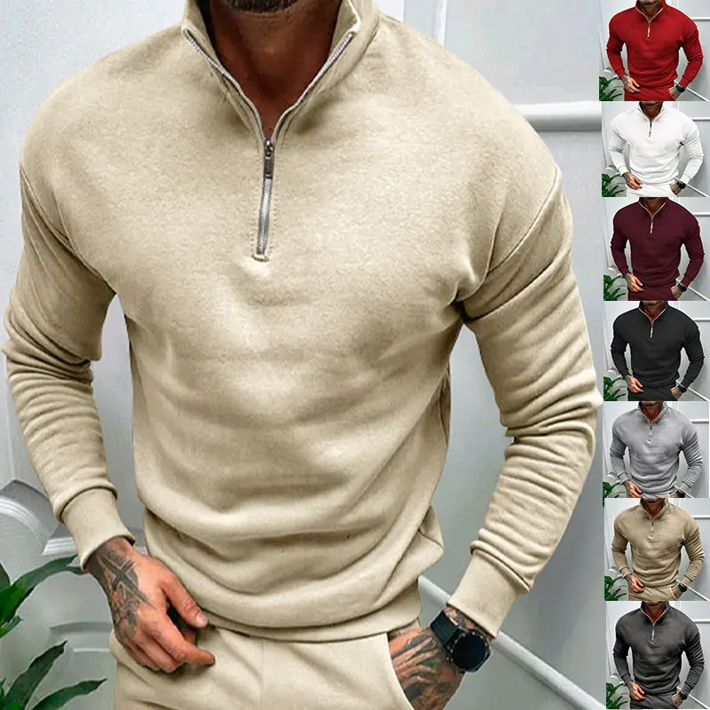 Solid Color Zipper Sweatshirt Men's Autumn and Winter Fleece-lined