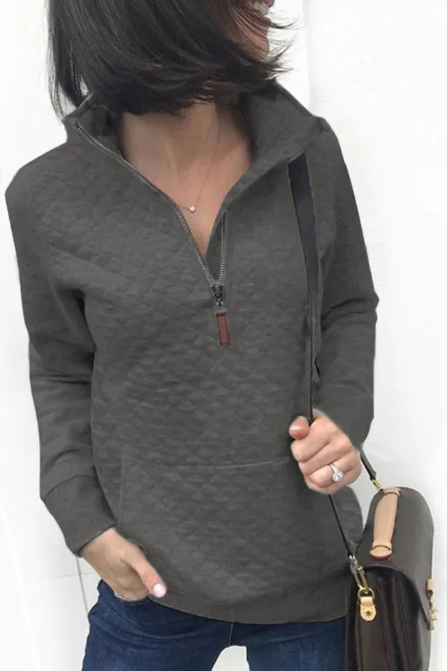 Fashion Pocket Zipper Long Sleeve Blouse Sweater Dark Grey - Shop at LoveMi