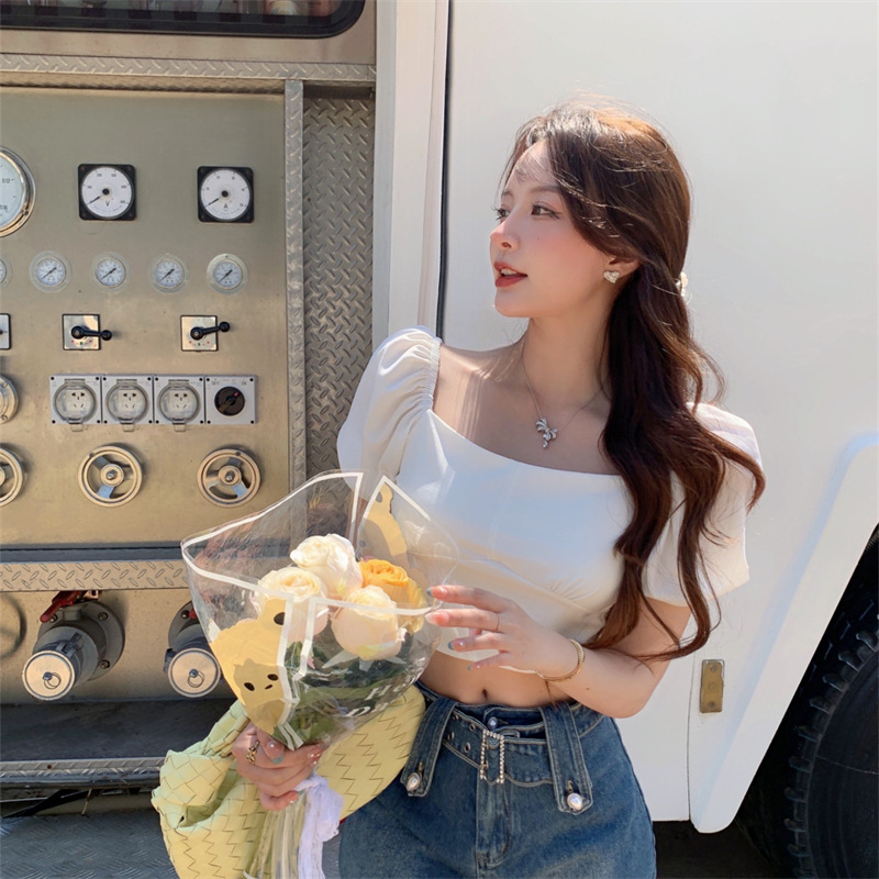 Resort-style Lace-up Square-neck Puff-sleeve Top