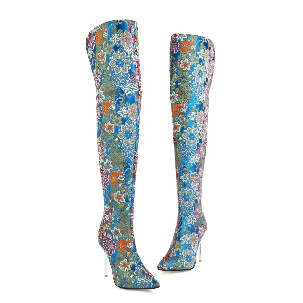 Autumn Winter Pointed-toe Embroidered Stiletto Back Zip Over-the-knee Boots - Blue