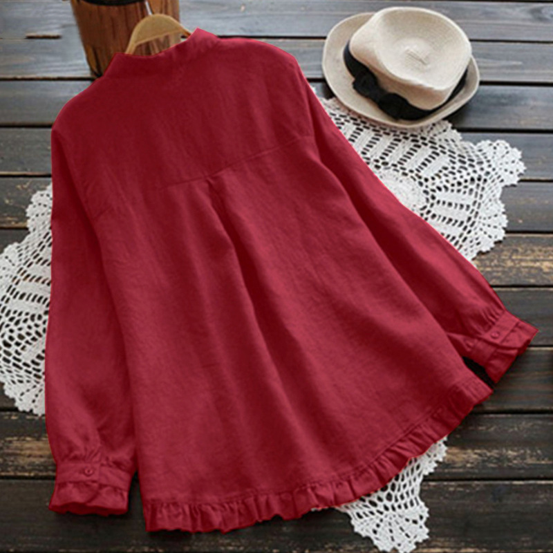 Women's Loose Solid Color Ruffled Cotton And Linen Shirt