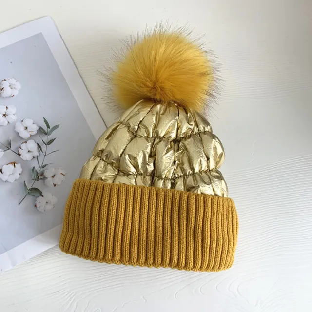 Women's Down Shiny Knit Hat With Fur Ball Yellow - Shop at LoveMi