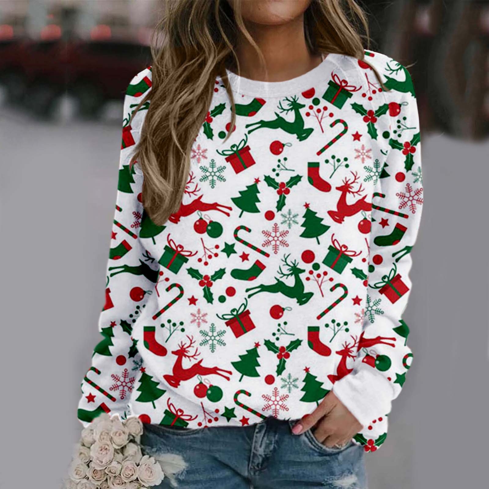 Christmas Print Round Neck Long-sleeved Fleece Sweatshirt