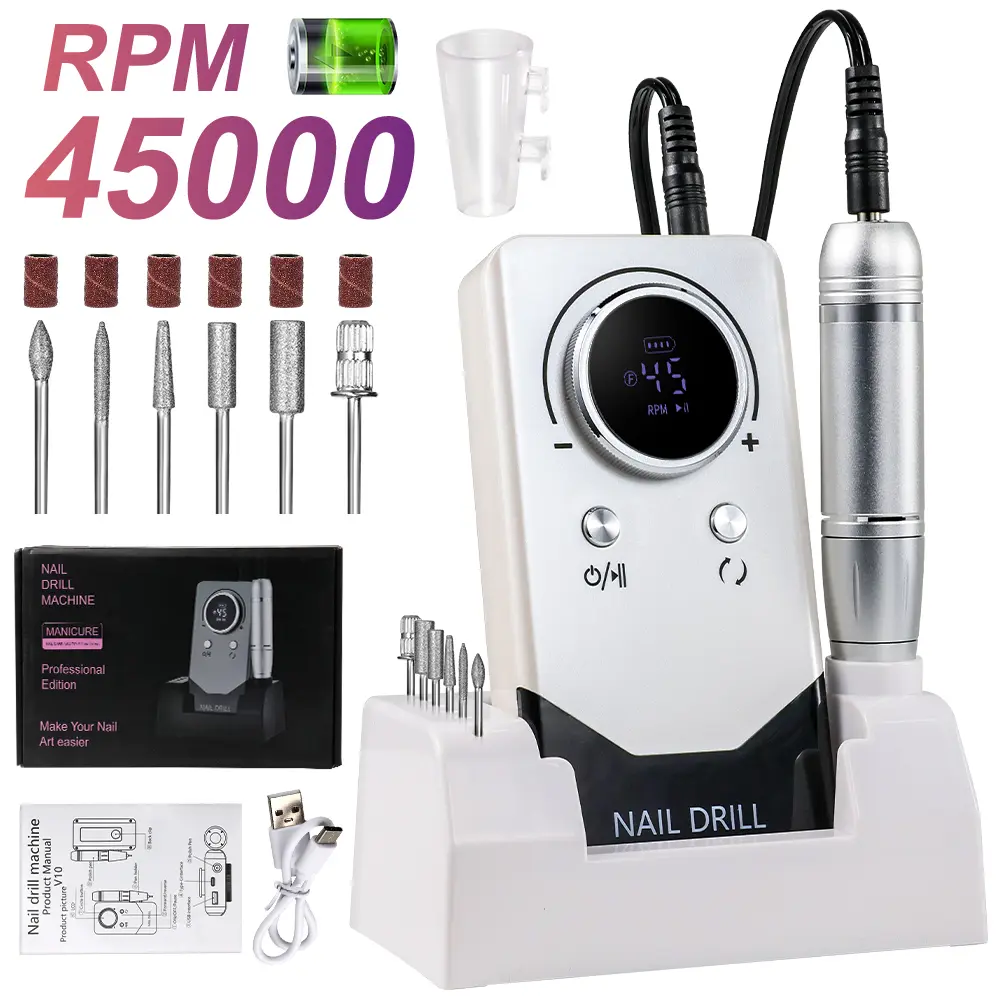 Electric 45000RPM Nail Drill Machine Rechargeable Portable Nail File Electric DIY Nail Drill Kit With Smart LCD Screen For Gel Nail Manicure And Pedicure Reflec