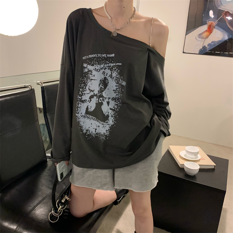 Women's Loose Slant Collar Printed Off-the-shoulder Top