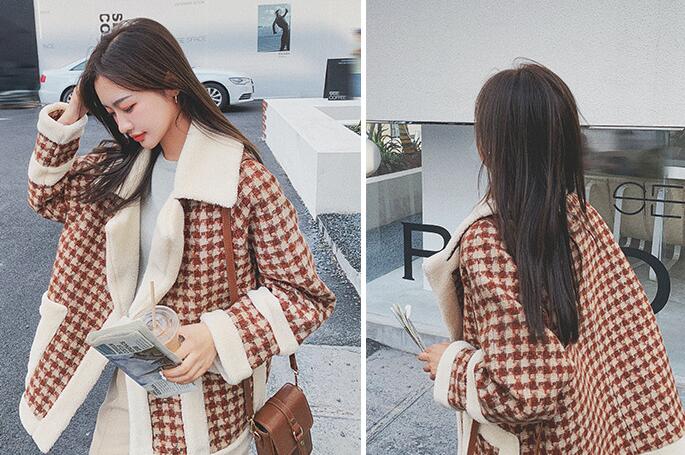 Women's Short Lamb Wool Stitching Woolen Coat