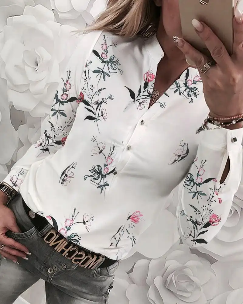 Top Ladies V-neck Long Sleeve Printed Shirt