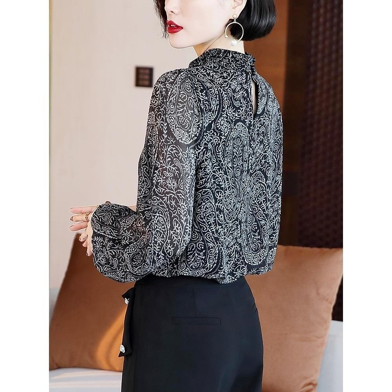Western Chiffon Shirt Print Floral Puff Sleeve Top