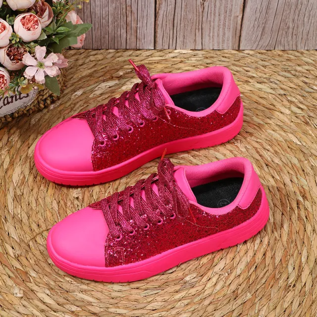 Glitter Sequin Design Flats Shoes Women Trendy Casual Thick soled Lace up Sneakers Fashion Skateboard Shoes Red - Shop at LoveMi