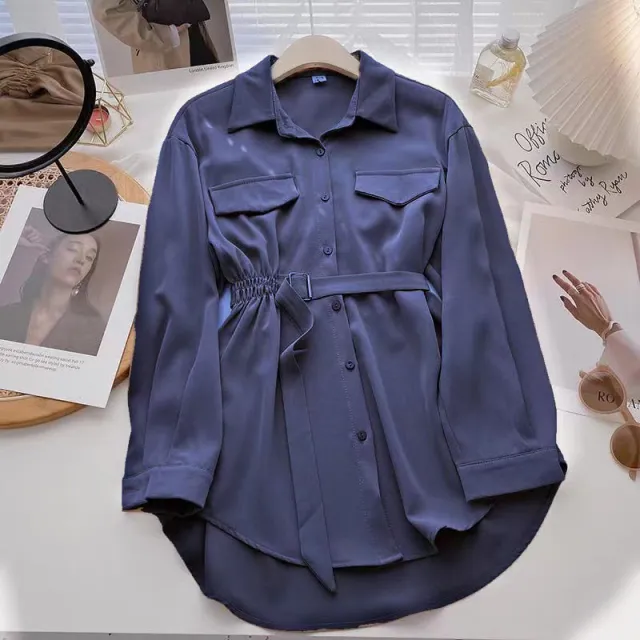 Small Design Lace Up Shirt Dress Navy Blue - Shop at LoveMi