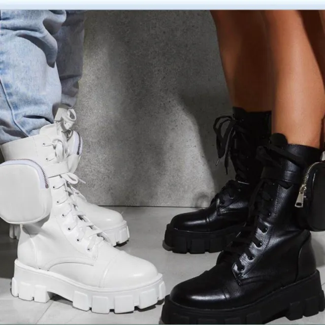 Thick Heeled Round Toe Lace Up Pocket Mid Tube Motorcycle Boots White - Shop at LoveMi