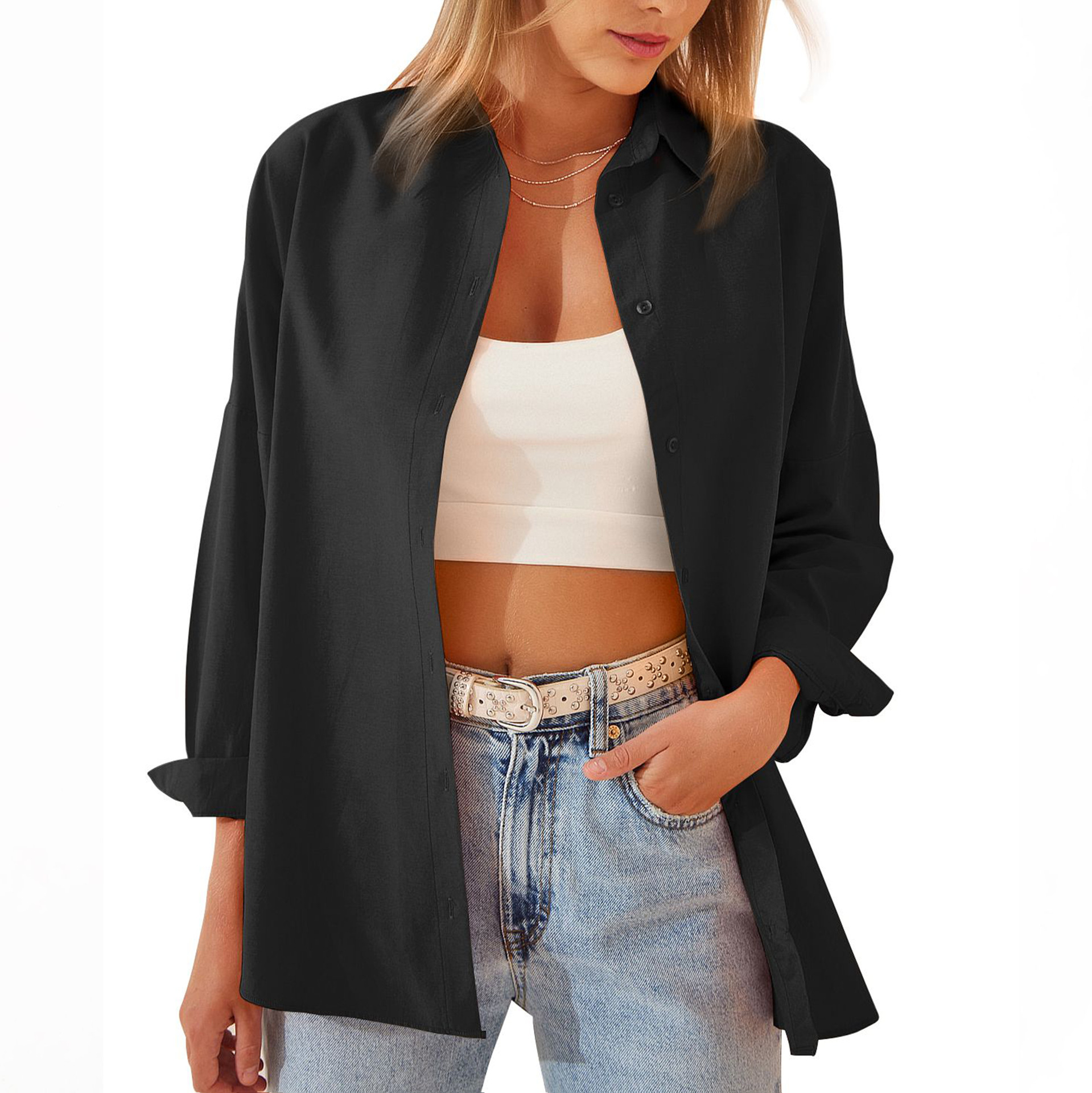 Women's Shirt Jacket Long Sleeve Blouse Button Down Tops Candy Color Shirt Black - Shop at LoveMi