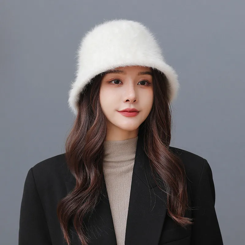 Rabbit Hair Bucket Fashionable Warm Hat - White