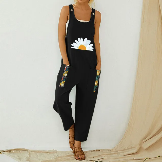 Daisy Print Patchwork One piece Ladies Overalls Black - Shop at LoveMi
