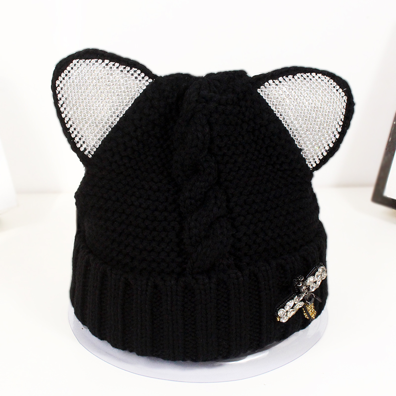 Rhinestone Cat Ear Knit Hat
