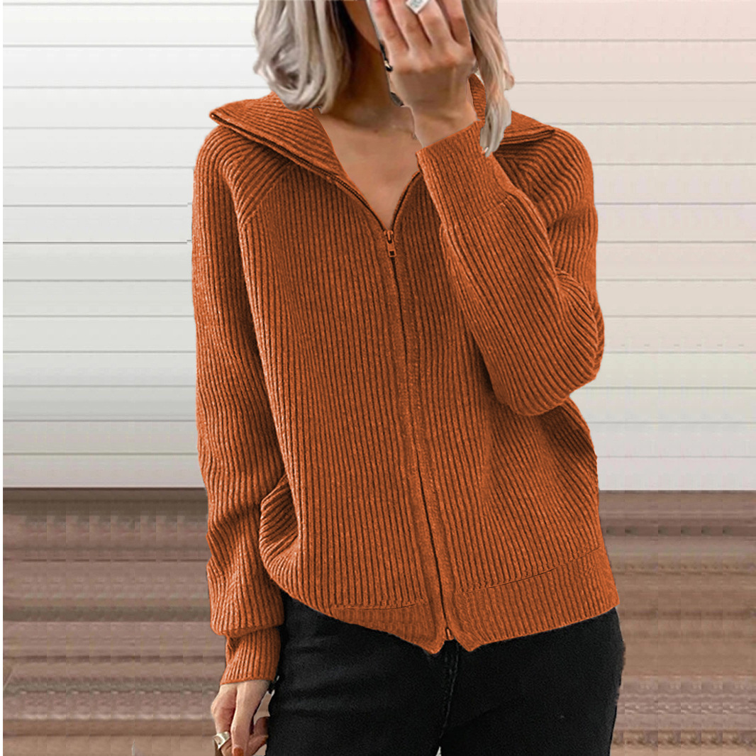 European And American Cross-border Fall And Winter New Style Striped Casual Jackets, Loose Knitted Tops With Zippers, Long-sleeved Lapel Sweaters For Women, Available In 6 Colors.