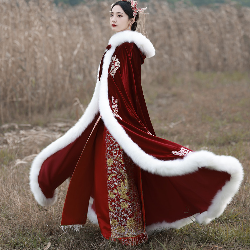 National Style Retro Thickened Wool Collar Long Hooded Cloak