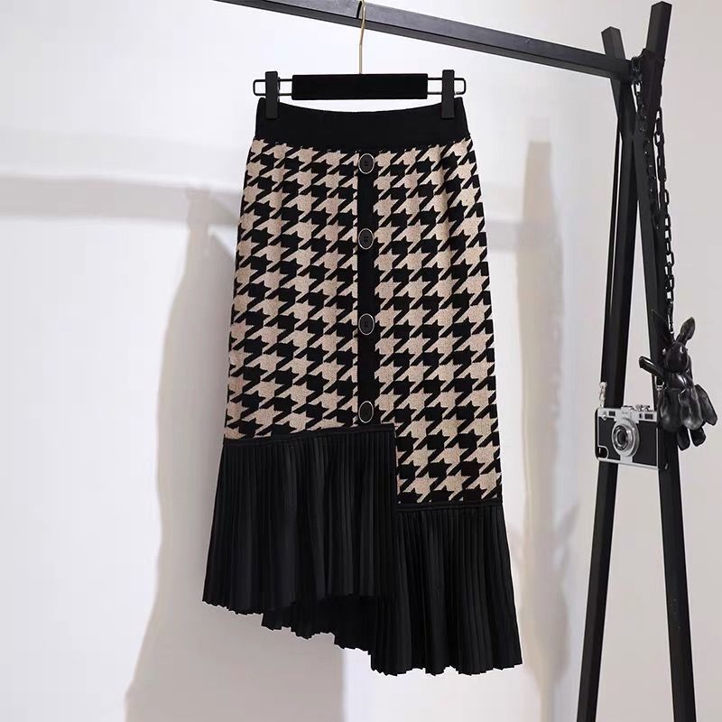Draped High Waist Irregular Panel Knit Pleated Skirt