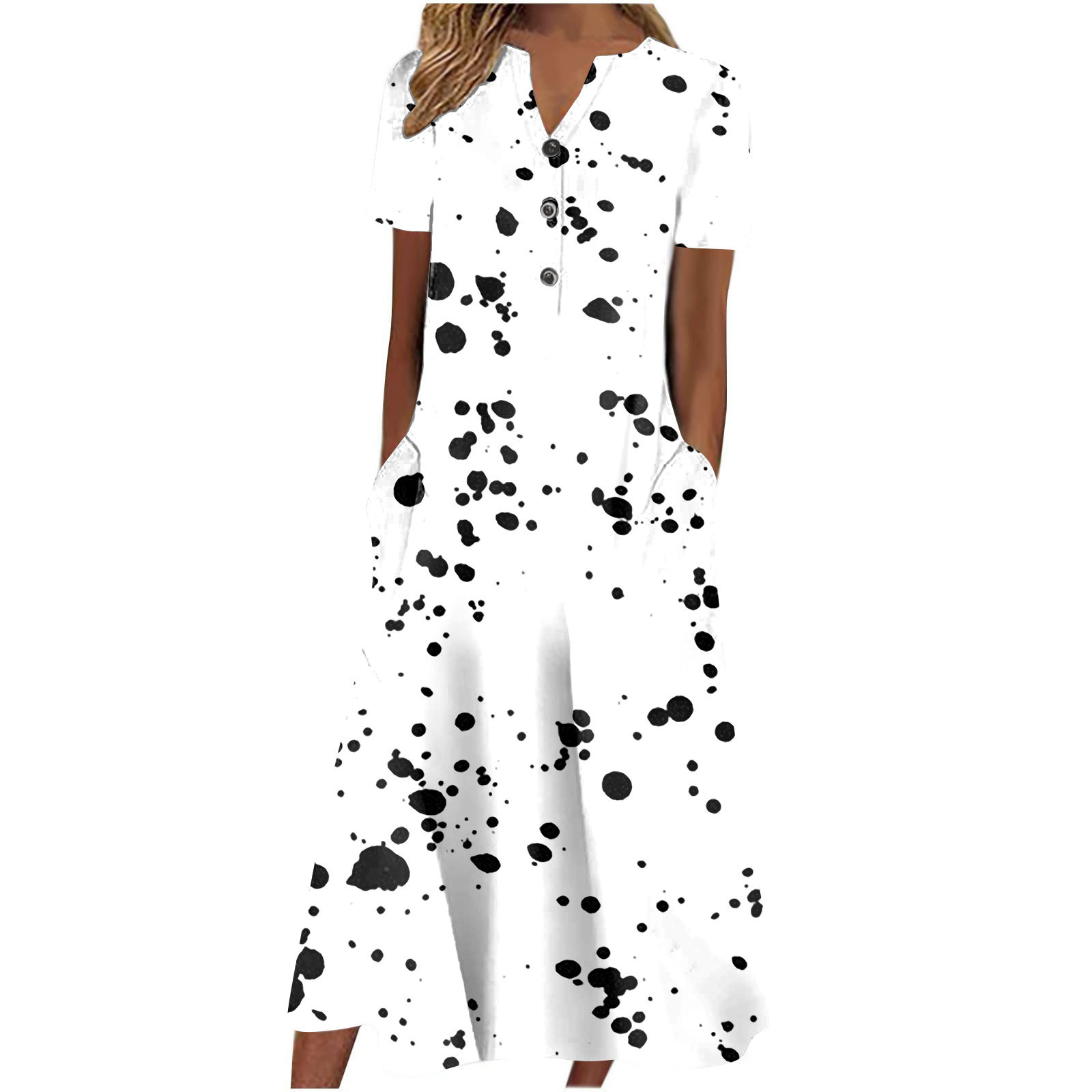 Damen Sommer Freizeit Kurzarm Lange Midi Uni Kleider mit Taschen - Bild 12 von 13