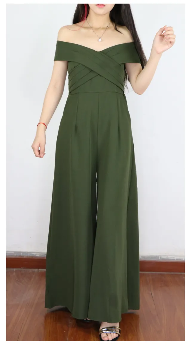 Off Shoulder One Shoulder Dress Pants Jumpsuit Army Green - Shop at LoveMi