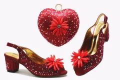 Large Size Women's Shoes Short Heel Fish Mouth Sandals With Heart-shaped Diamond Bag - Red - View 1