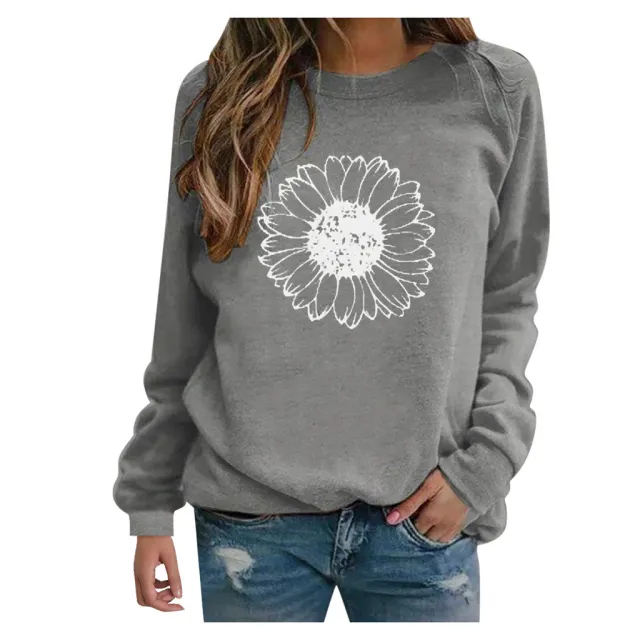 Women's Sweatshirt Round Neck Casual Loose Pullover Top Printed Long Sleeve T shirt 18Style L - Shop at LoveMi