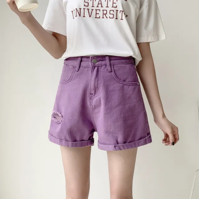 Purple Ripped Denim Shorts Women's High Waist Loose A Line Wide Leg Pants Purple - Shop at LoveMi