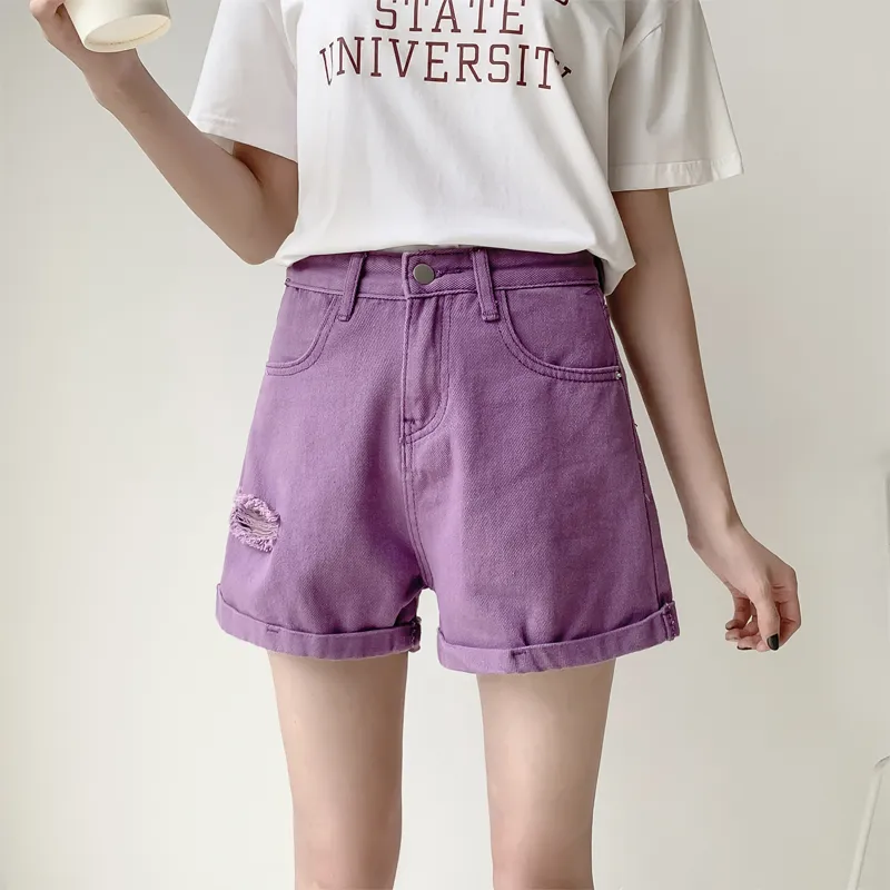 Purple Ripped Denim Shorts Women's High Waist Loose A- Line Wide Leg Pants - Purple