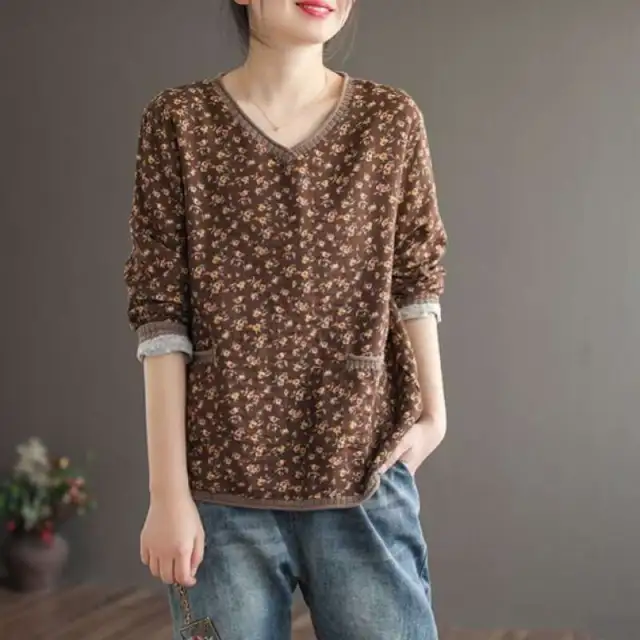 Vintage Floral V neck Long sleeved Loose Top Coffee - Shop at LoveMi
