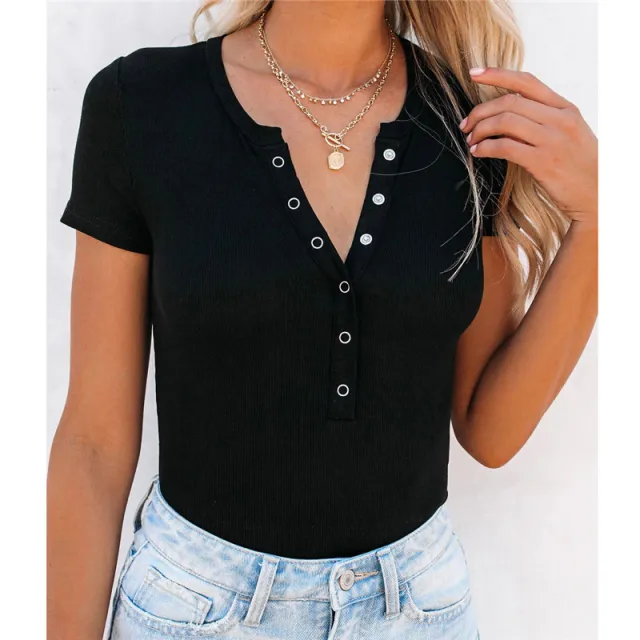 Women's Button Short Sleeved Solid Casual Black - Shop at LoveMi
