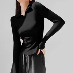 Women's Fashionable All-match Stretch Tight Lapel Long Sleeve - Black - View 1