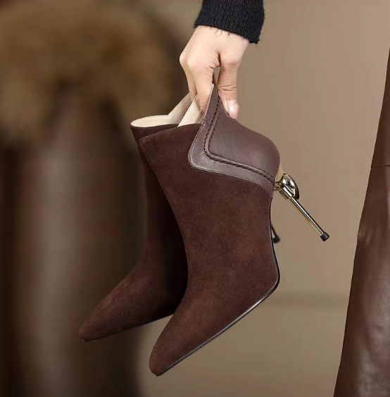 Women's Pointed Toe Ankle Boots Thin Heel New Elegant High Heel Short Boots Suede Spliced Nude Boots Brown