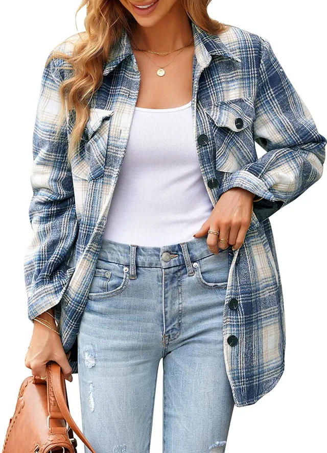Women Oversized Check Button Shirt Jacket Blue - Shop at LoveMi