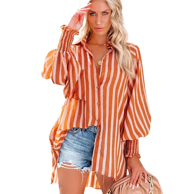 Beach Resort Sunscreen Medium And Long Striped Shirt Orange - Shop at LoveMi