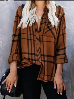 European And American Lapel Casual Long Sleeve Plaid Printed Lining - Brown - View 1