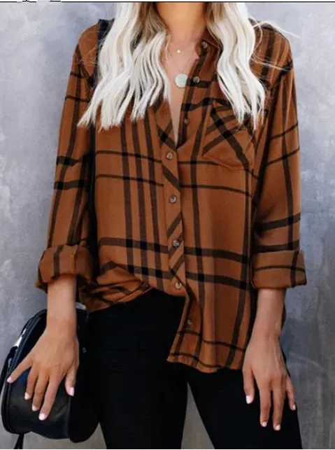 European And American Lapel Casual Long Sleeve Plaid Printed Lining - Brown