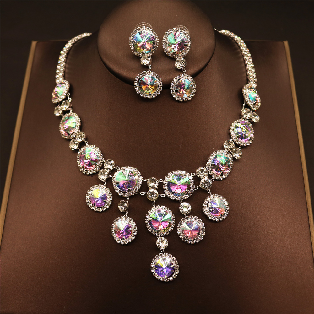 Colorful Round Pendant Clavicle Chain Earrings Two Piece Set