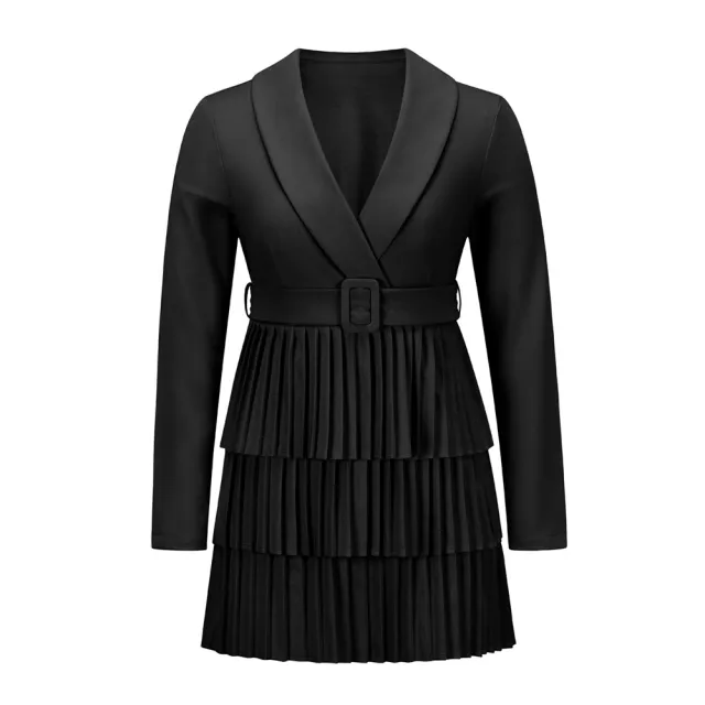 Pleated Mid length Coat Skirt European And American Foreign Trade V neck Design Temperament Coat Black - Shop at LoveMi