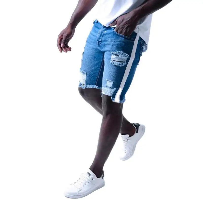 Summer New Men's Fashion Denim Shorts With Ripped Webbing