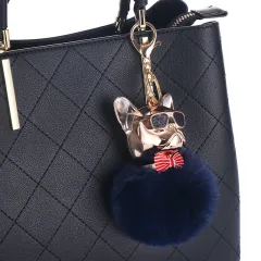 French Fighting Dog Car Ornaments Cute Dog Keychain Hair Ball Bag Pendant - Navy Blue - View 1