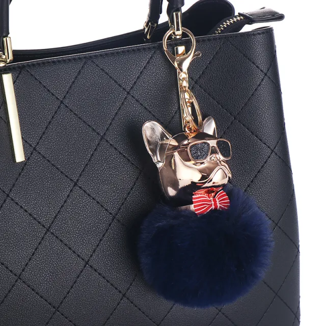 French Fighting Dog Car Ornaments Cute Dog Keychain Hair Ball Bag Pendant Navy Blue - Shop at LoveMi