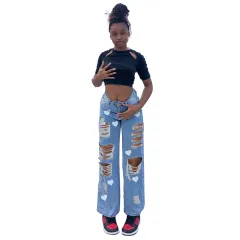 Fashion Trend Ripped Denim Straight-leg Pants - Blue - View 1