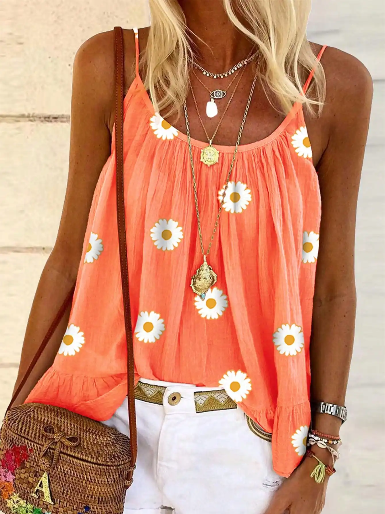 Women's Floral Printed Spaghetti Strap Cami Top, Suitable For Summer