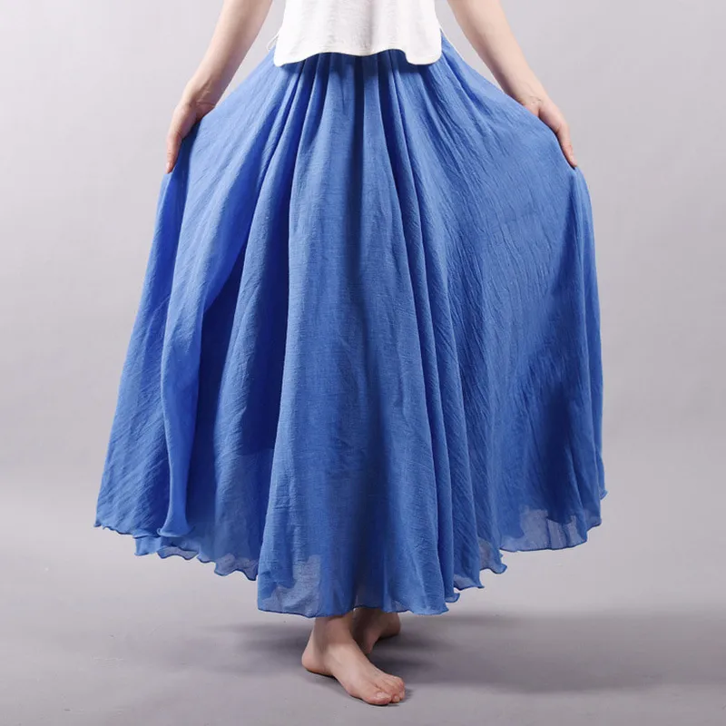Solid Colour Elastic Waist Linen Cotton Retro Ethnic Style Swing Skirt - Denim Blue
