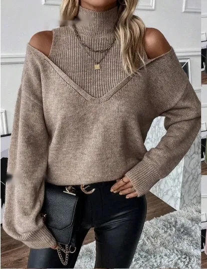 Cold Shoulder 2 In 1 Sweater Long Sleeve Tops - Apricot