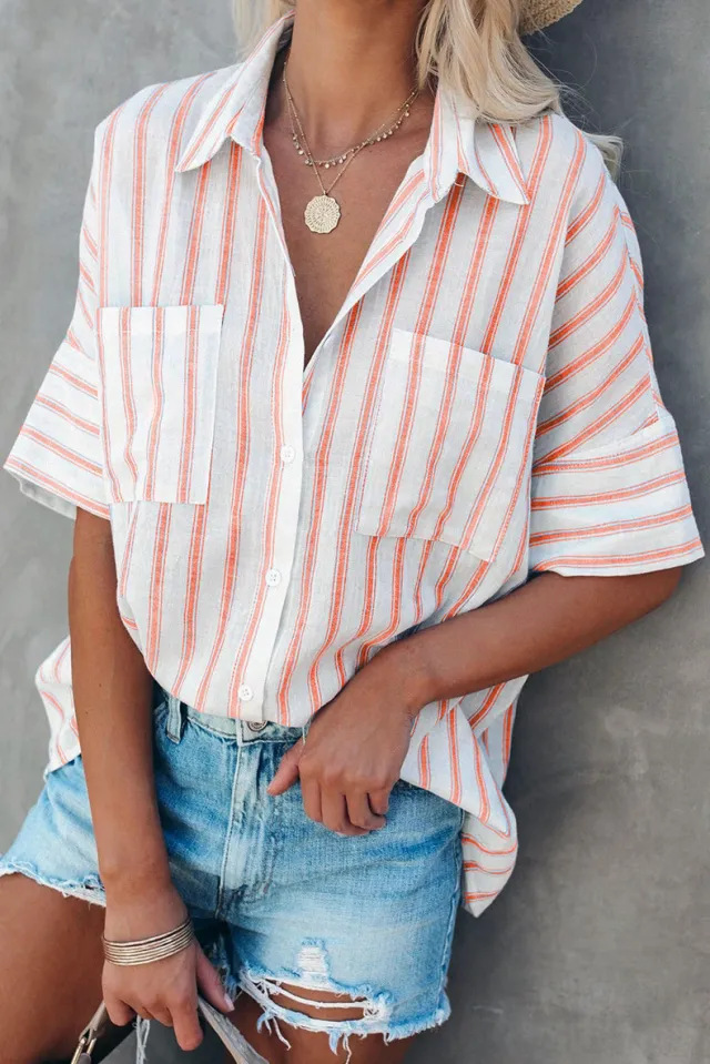 New Style Five Point Sleeve Striped Shirt Women Loose Single Breasted Loose Shirt Orange - Shop at LoveMi