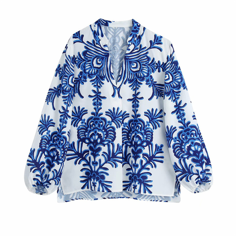 Retro-style Single-breasted Lapel Print Blue Long-sleeved Shirt