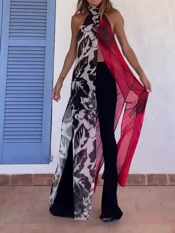 Abstract Print Halter Neck High Slit Tunic Top