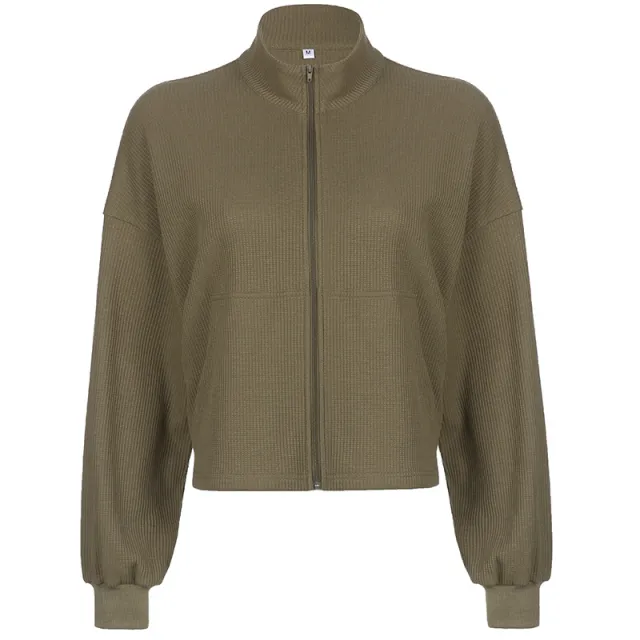Women's Army Green Cropped Waffle Sweatshirt Green - Shop at LoveMi